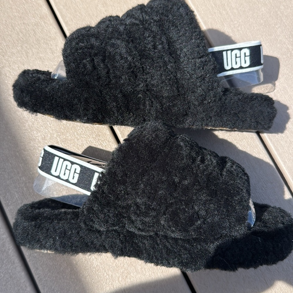 UGG Black Fluffy Slide Sandals